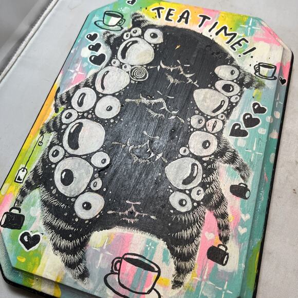 Psychedelic Art Tea Time Freaky Cat Art Panel Signed - Picture 2 of 3